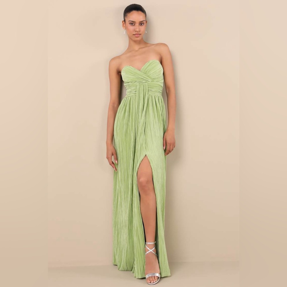 Lulus Oswin Lime Green Satin Plisse Strapless Maxi Dress